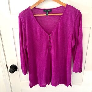 Lauren Ralph Lauren Magenta Linen HenleyTee. Size Medium.
